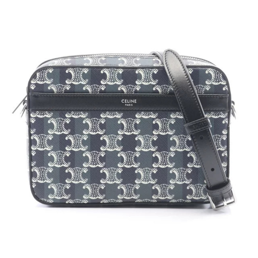 Celine Triomphe Messenger Stripe Shoulder Bag Canvas Leather Black White